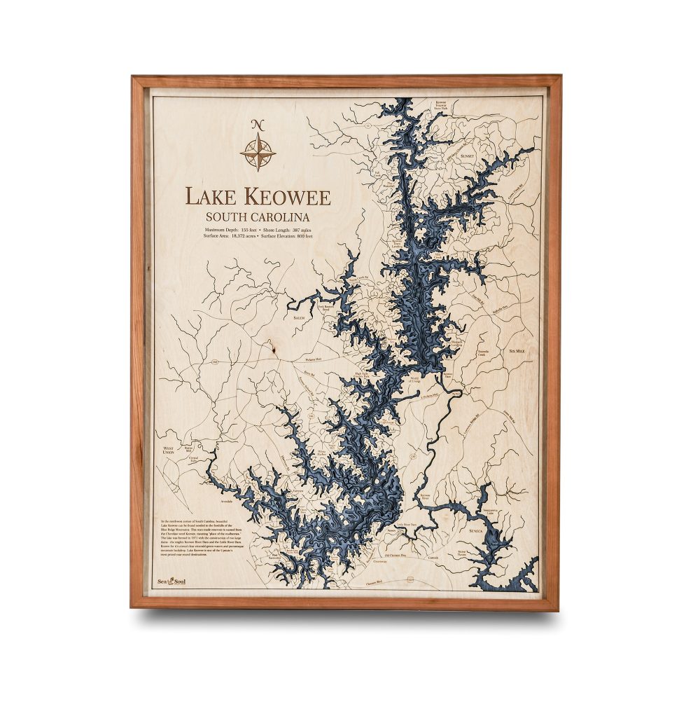 Lake Keowee Nautical Map Wall Art Cherry Accent Deep Blue Water
