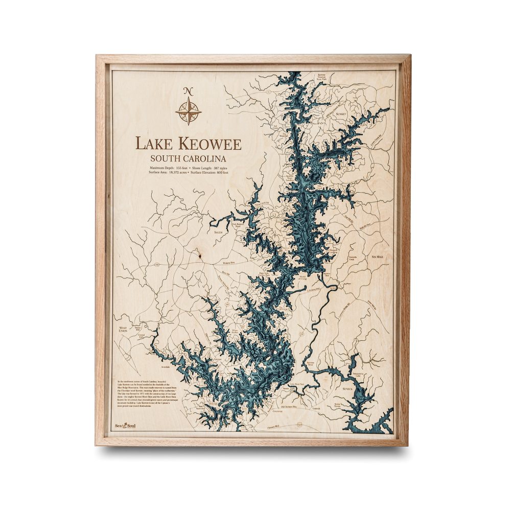 Lake Keowee Nautical Map Wall Art Oak Accent with Blue Green Water