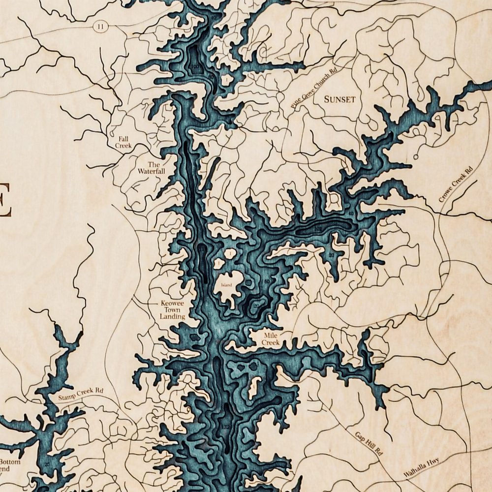 Lake Keowee Nautical Map Wall Art Oak Accent with Blue Green Water Detail Shot 3