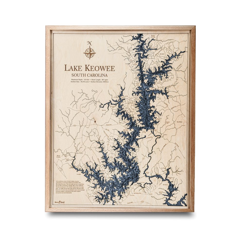 Lake Keowee Nautical Map Wall Art Oak Accent with Deep Blue Water