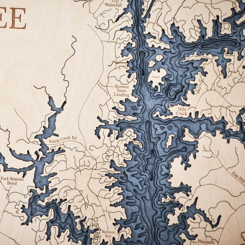 Lake Keowee Nautical Map Wall Art Oak Accent with Deep Blue Water Detail Shot 1