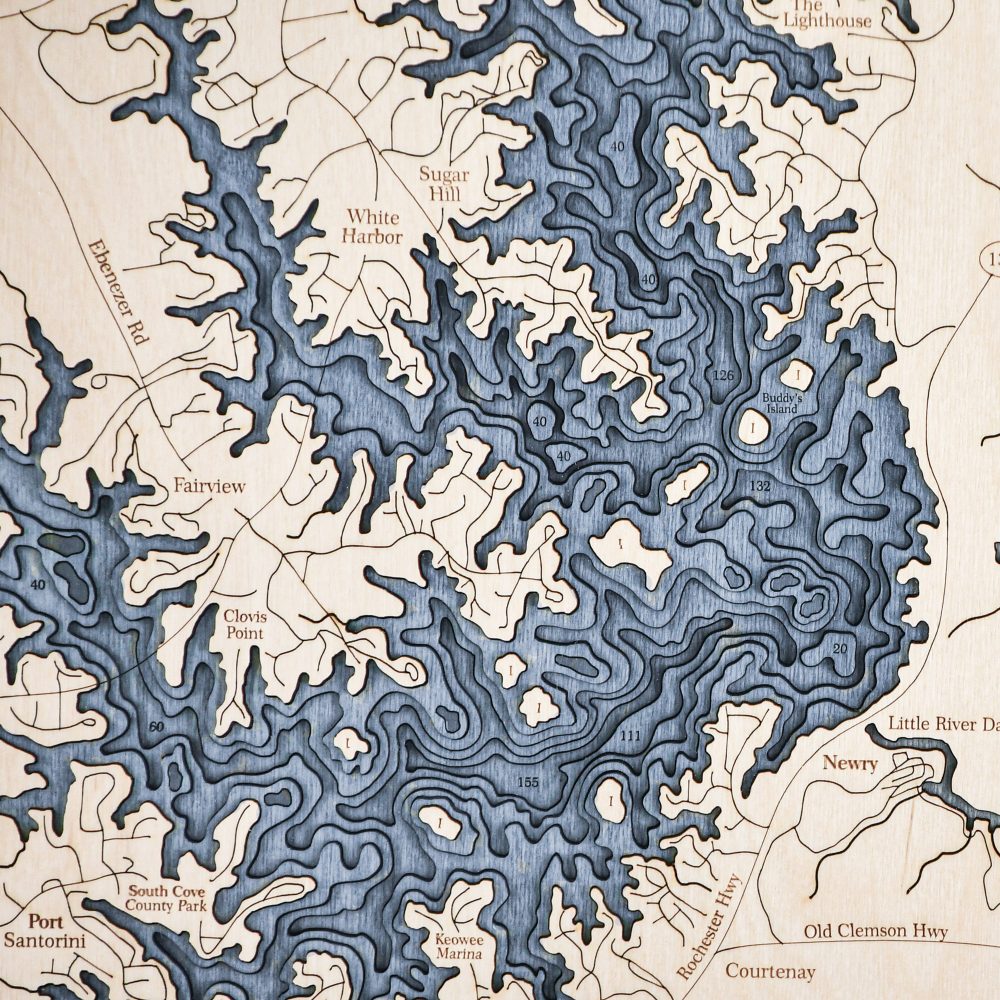 Lake Keowee Nautical Map Wall Art Oak Accent with Deep Blue Water Detail Shot 2