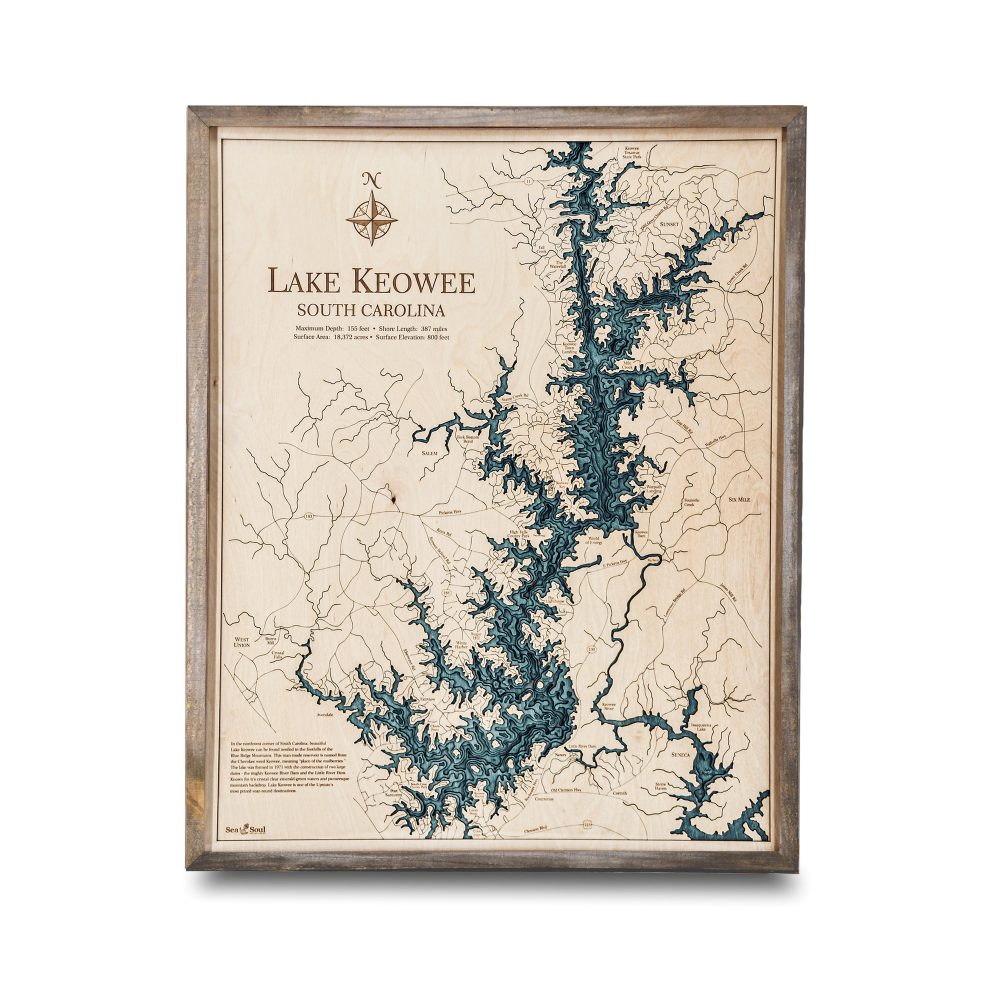 Lake Keowee Nautical Map Wall Art Rustic Pine Accent with Blue Green Water