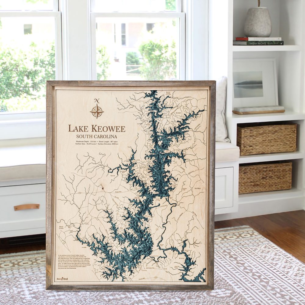 Lake Keowee Nautical Map Wall Art Rustic Pine Accent with Blue Green Water Sitting by Window