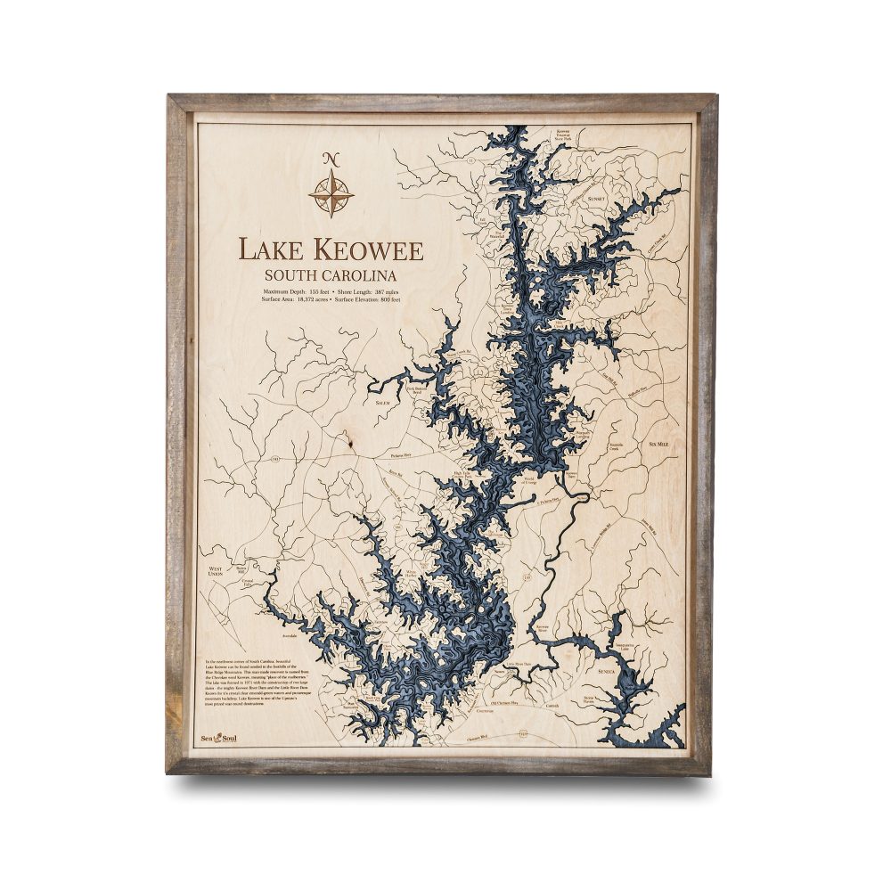 Lake Keowee Nautical Map Wall Art Rustic Pine Accent with Deep Blue Water
