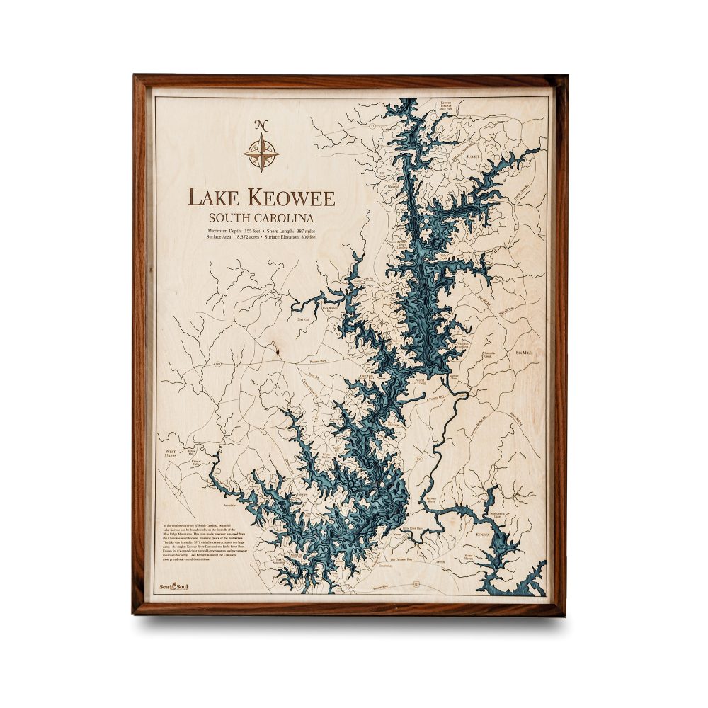 Lake Keowee Nautical Map Wall Art Walnut Accent with Blue Green Water