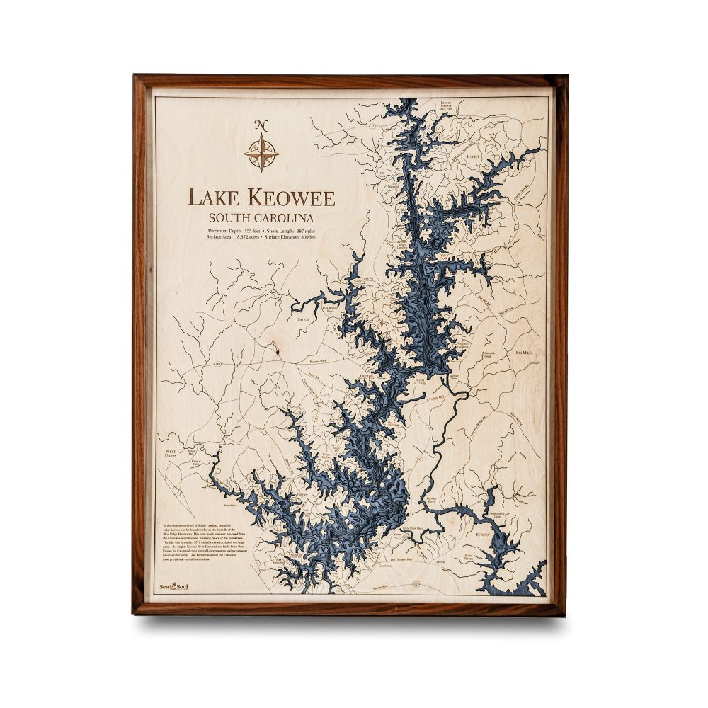 Lake Keowee Nautical Map Wall Art Walnut Accent with Deep Blue Water