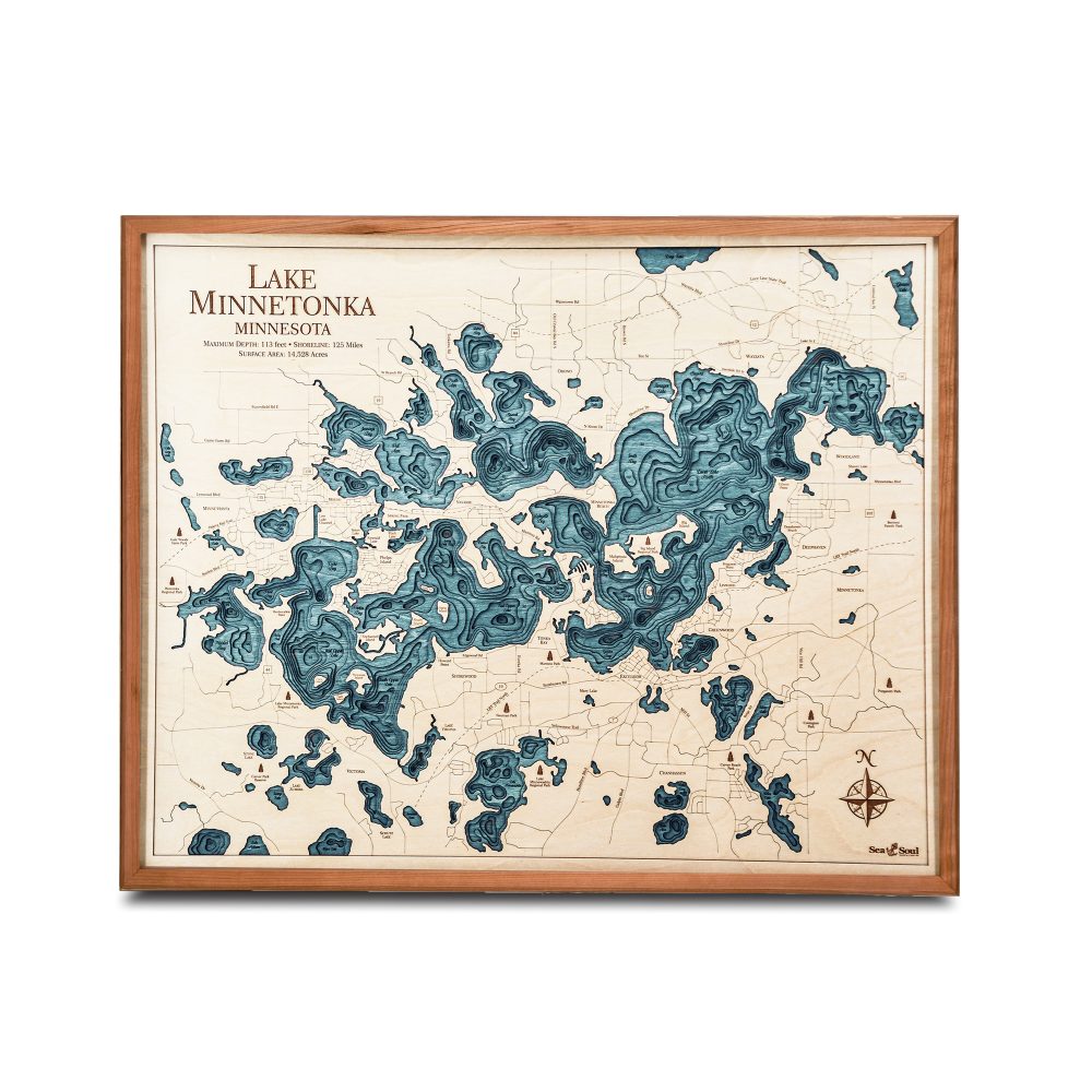 Lake Minnetonka Nautical Map Wall Art Cherry Accent with Blue Green Water