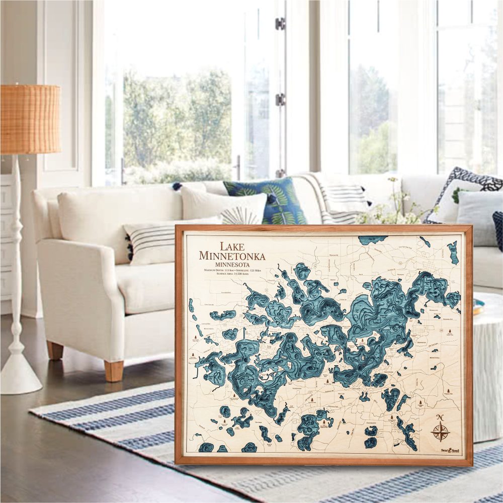 Lake Minnetonka Nautical Map Wall Art Cherry Accent with Blue Green Water Sitting in Living Room by Couch