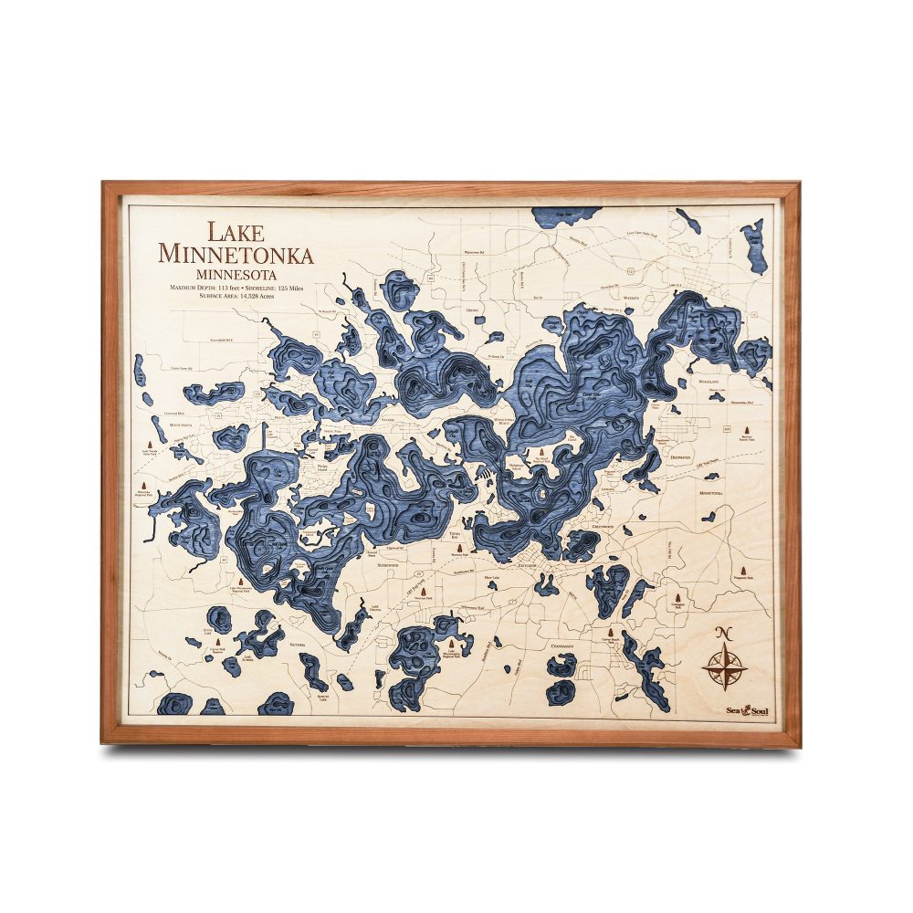 Lake Minnetonka Nautical Map Wall Art Cherry Accent with Deep Blue Water