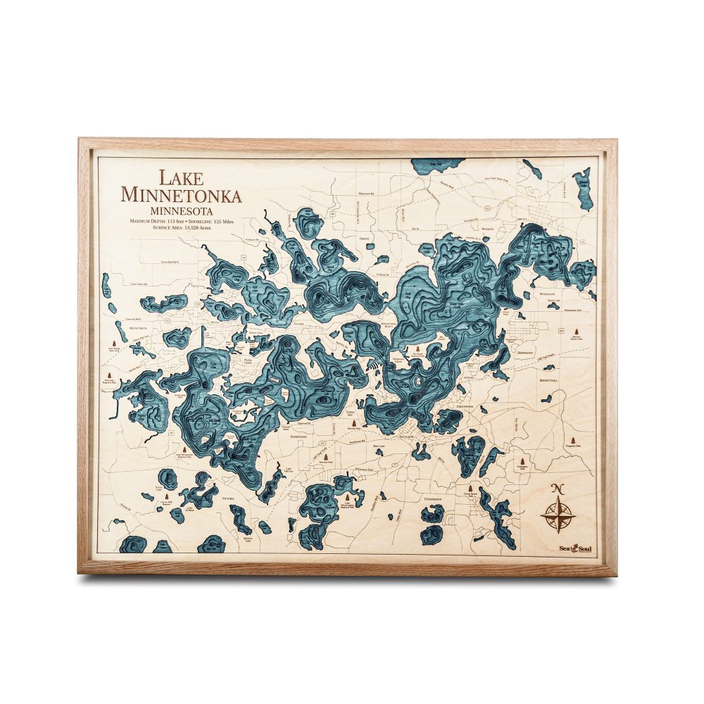 Lake Minnetonka Nautical Map Wall Art Oak Accent with Blue Green Water