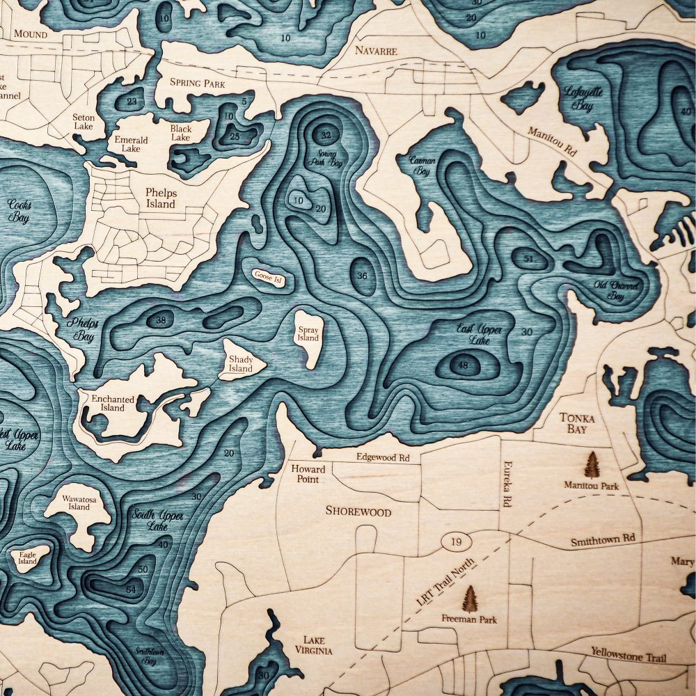 Lake Minnetonka Nautical Map Wall Art Oak Accent with Blue Green Water Detail Shot 2