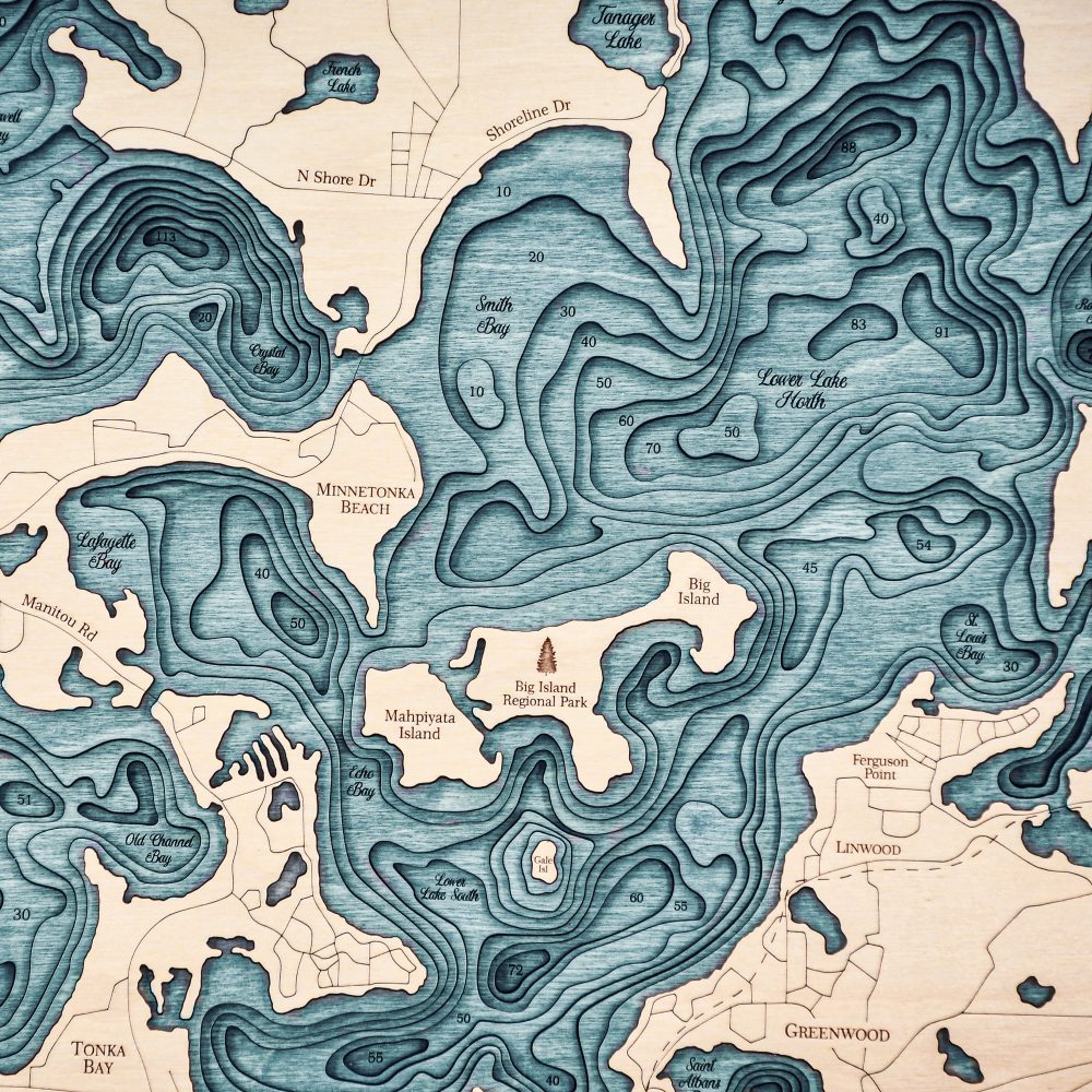 Lake Minnetonka Nautical Map Wall Art Oak Accent with Blue Green Water Detail Shot 3
