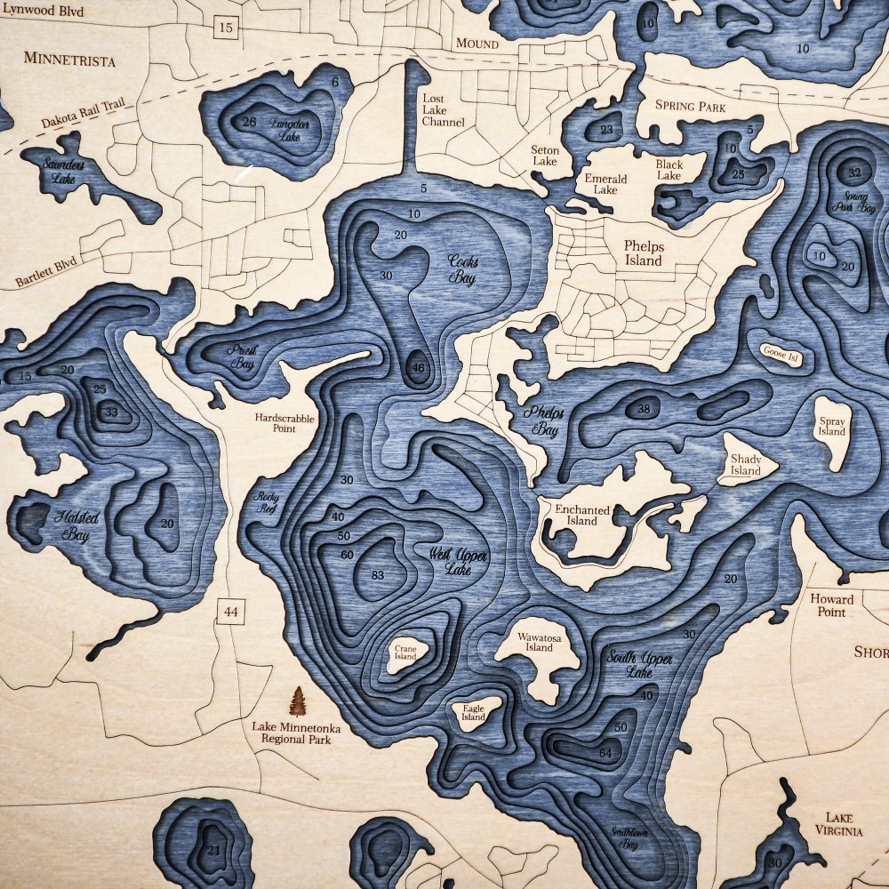 Lake Minnetonka Nautical Map Wall Art Oak Accent with Deep Blue Water Detail Shot 1