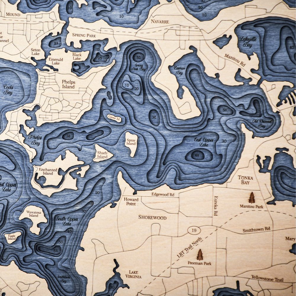 Lake Minnetonka Nautical Map Wall Art Oak Accent with Deep Blue Water Detail Shot 2