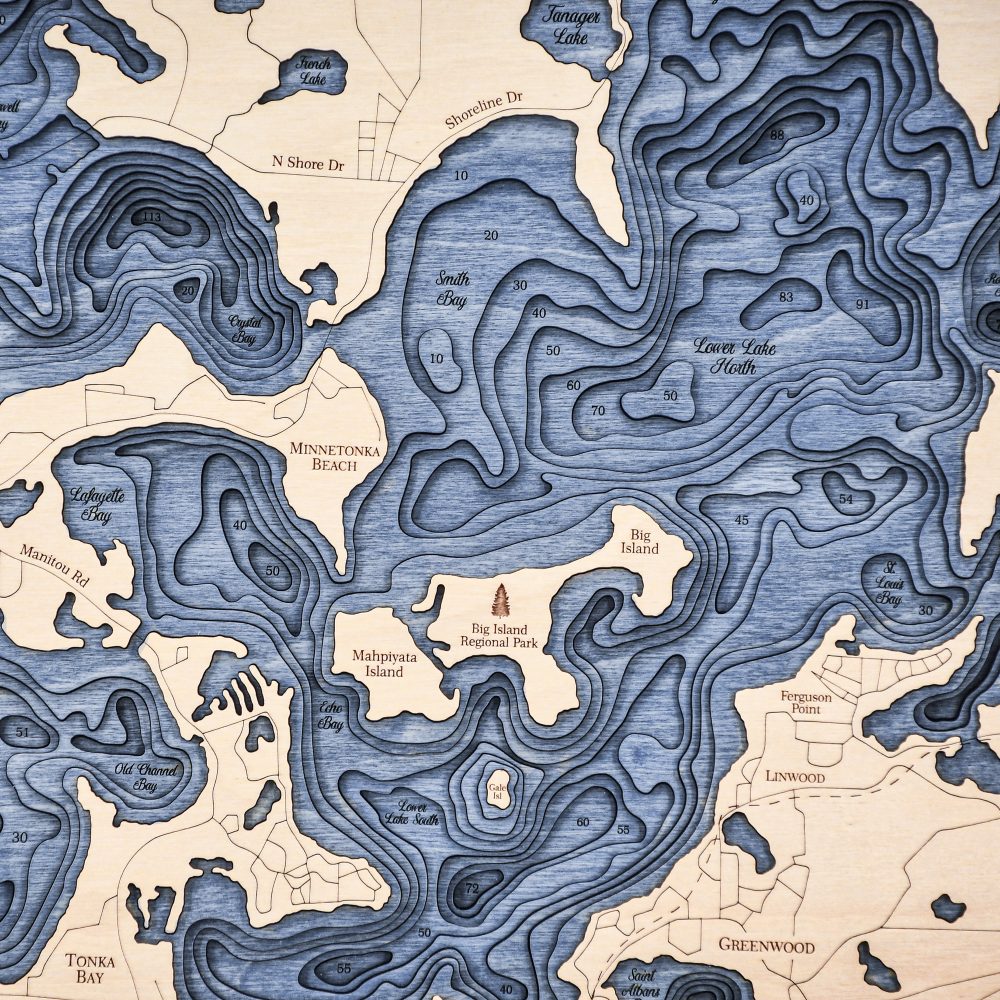 Lake Minnetonka Nautical Map Wall Art Oak Accent with Deep Blue Water Detail Shot 3
