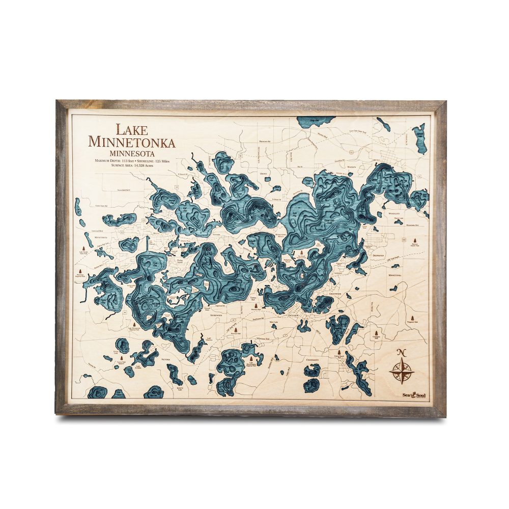Lake Minnetonka Nautical Map Wall Art Rustic Pine Accent with Blue Green Water