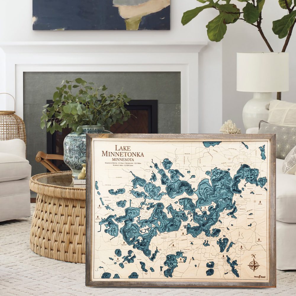 Lake Minnetonka Nautical Map Wall Art Rustic Pine Accent with Blue Green Water Sitting in Living Room by Coffee Table and Couch