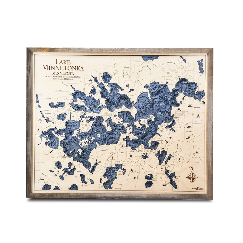 Lake Minnetonka Nautical Map Wall Art Rustic Pine Accent with Deep Blue Water