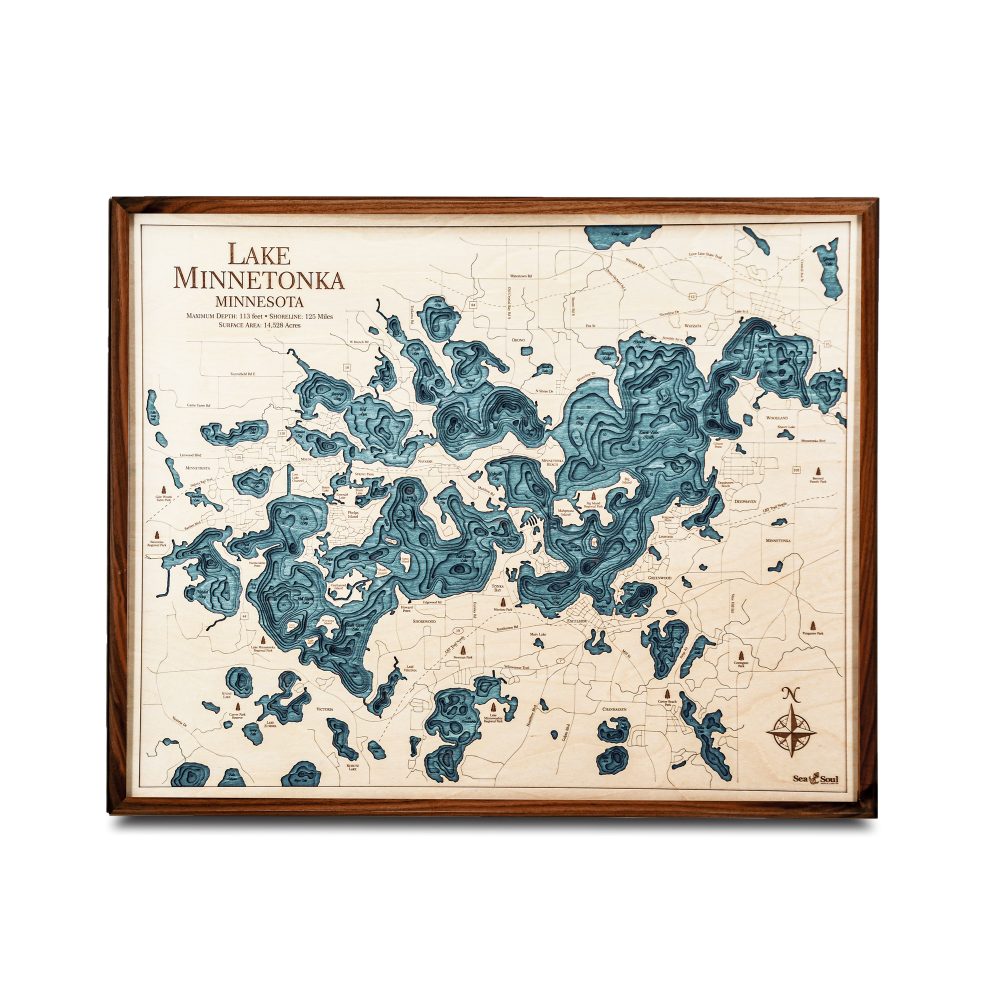 Lake Minnetonka Nautical Map Wall Art Walnut Accent with Blue Green Water