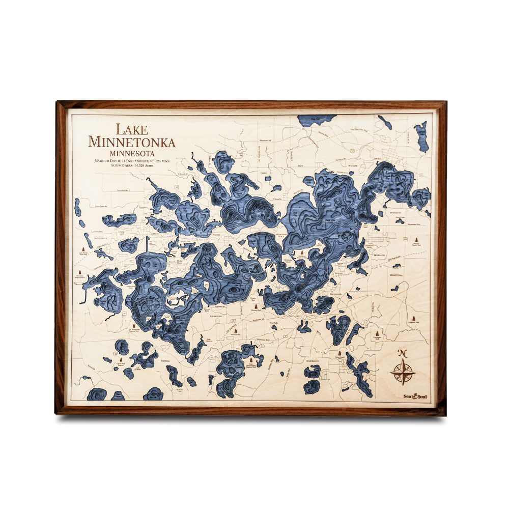 Lake Minnetonka Nautical Map Wall Art Walnut Accent with Deep Blue Water