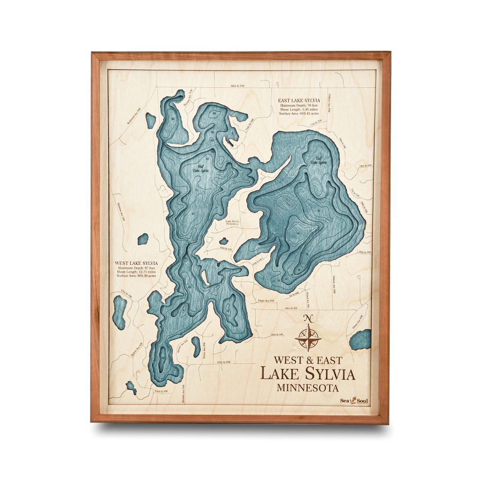 Lake Sylvia Nautical Map Wall Art Cherry Accent with Blue Green Water