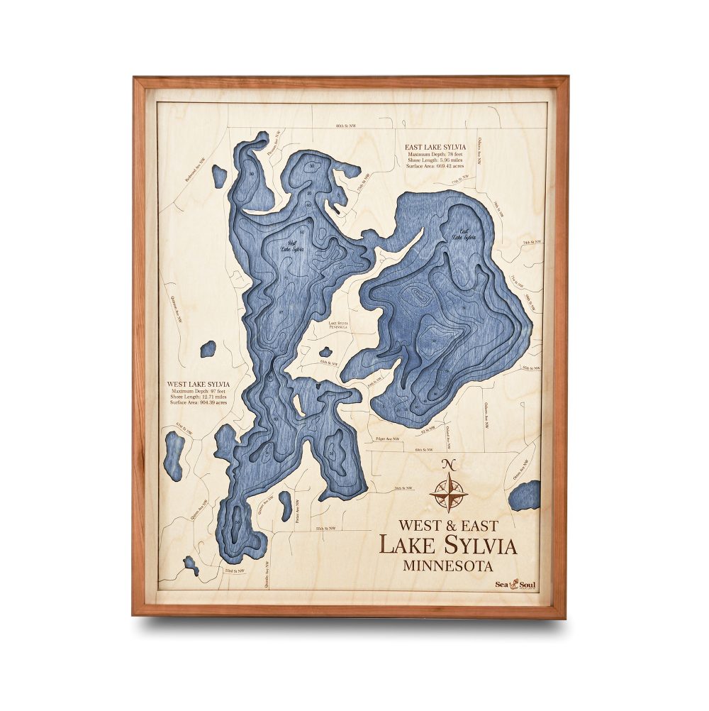 Lake Sylvia Nautical Map Wall Art Cherry Accent with Deep Blue Water