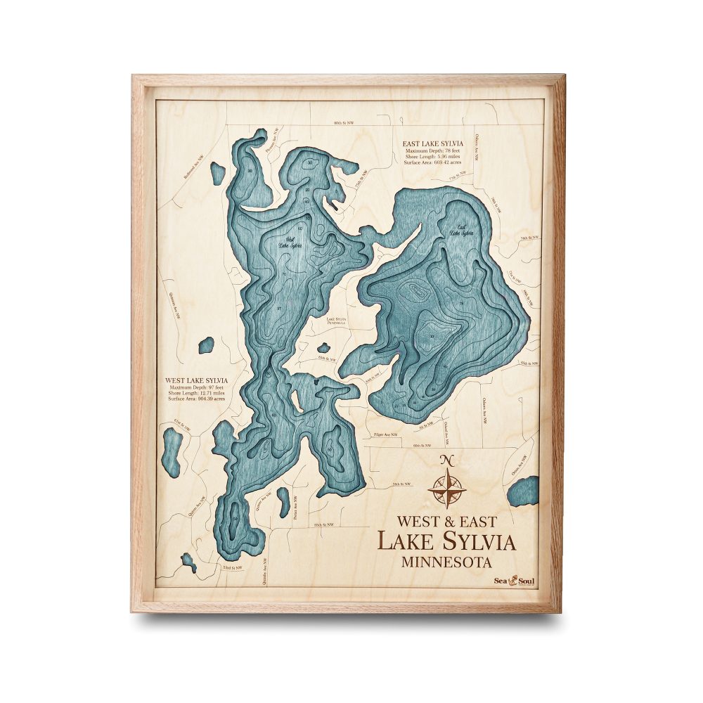 Lake Sylvia Nautical Map Wall Art Oak Accent with Blue Green Water