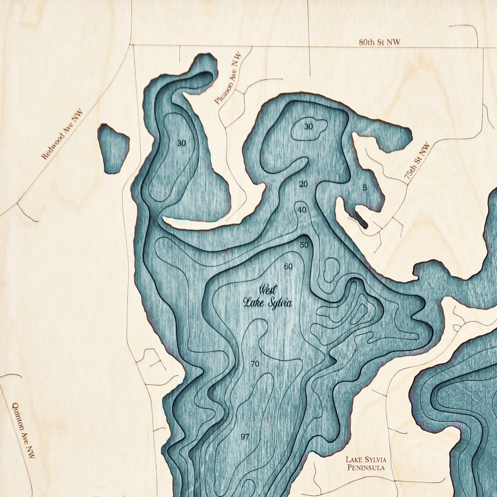 Lake Sylvia Nautical Map Wall Art Oak Accent with Blue Green Water Detail Shot 1