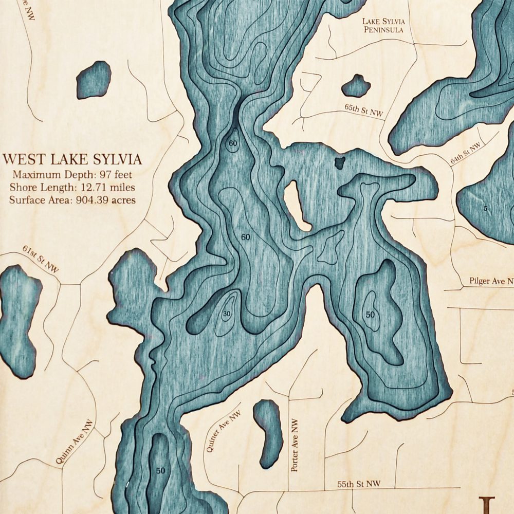 Lake Sylvia Nautical Map Wall Art Oak Accent with Blue Green Water Detail Shot 2