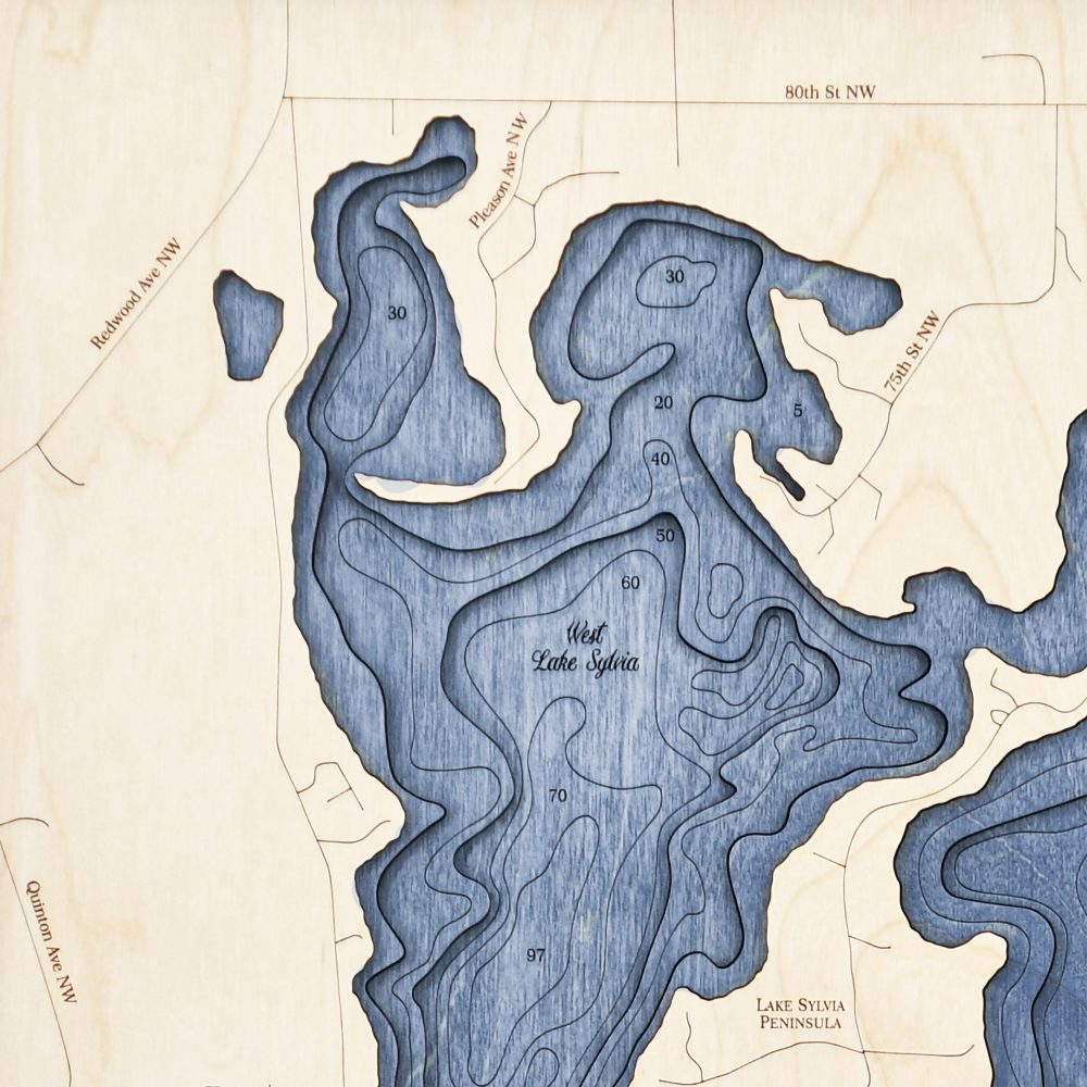 Lake Sylvia Nautical Map Wall Art Oak Accent with Deep Blue Water Detail Shot 1