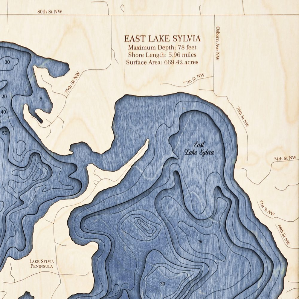 Lake Sylvia Nautical Map Wall Art Oak Accent with Deep Blue Water Detail Shot 3