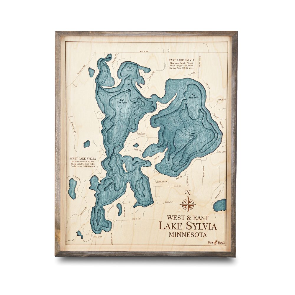 Lake Sylvia Nautical Map Wall Art Rustic Pine Accent with Blue Green Water