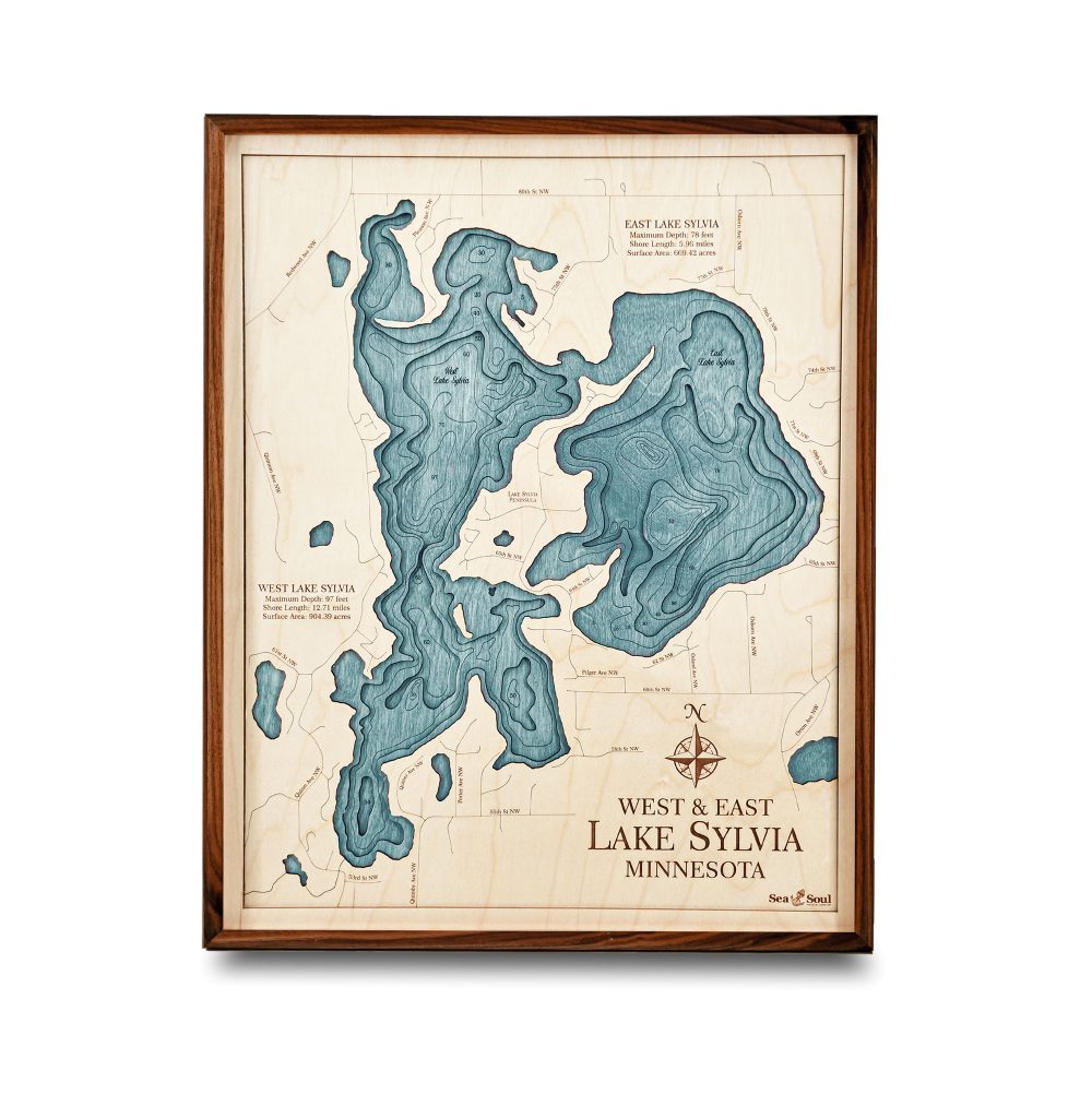 Lake Sylvia Nautical Map Wall Art Walnut Accent Blue Green Water