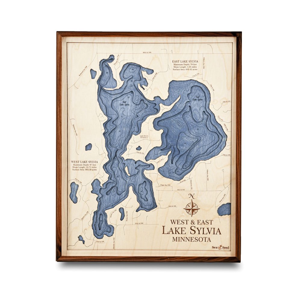 Lake Sylvia Nautical Map Wall Art Walnut Accent Deep Blue Water