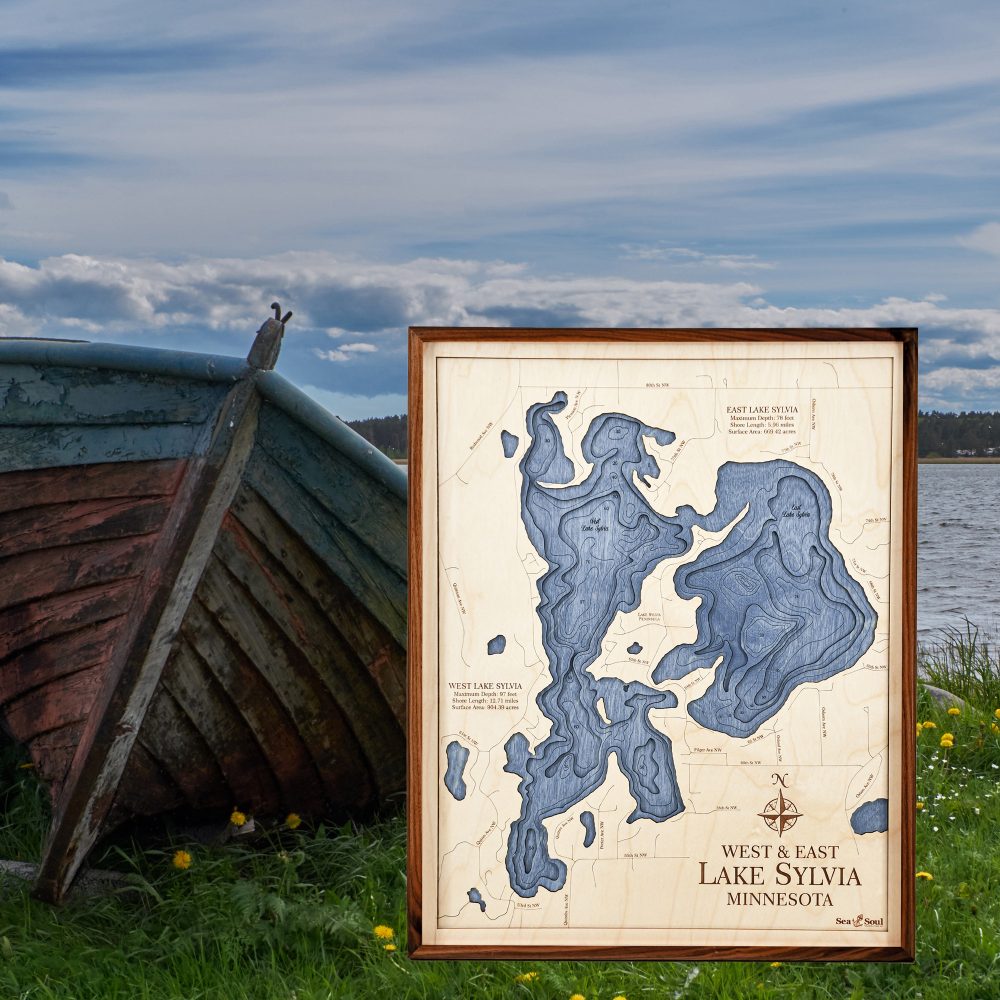 Lake Sylvia Nautical Map Wall Art Walnut Accent Deep Blue Water Sitting by Boat and Waterfront