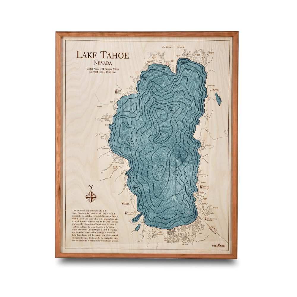 Lake Tahoe Nautical Map Wall Art Cherry Accent with Blue Green Water