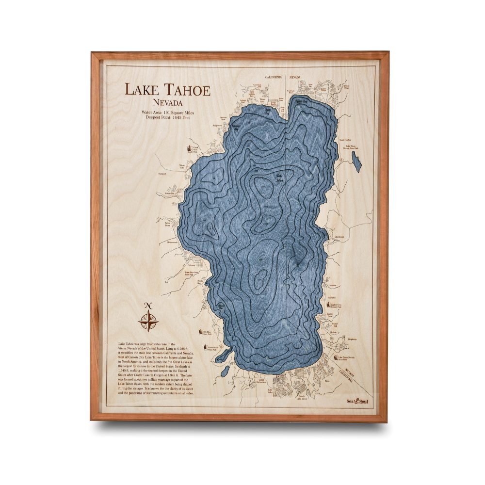 Lake Tahoe Nautical Map Wall Art Cherry Accent with Deep Blue Water