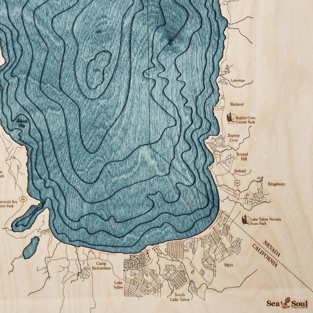 Lake Tahoe Nautical Map Wall Art Oak Accent with Blue Green Water Detail Shot 1