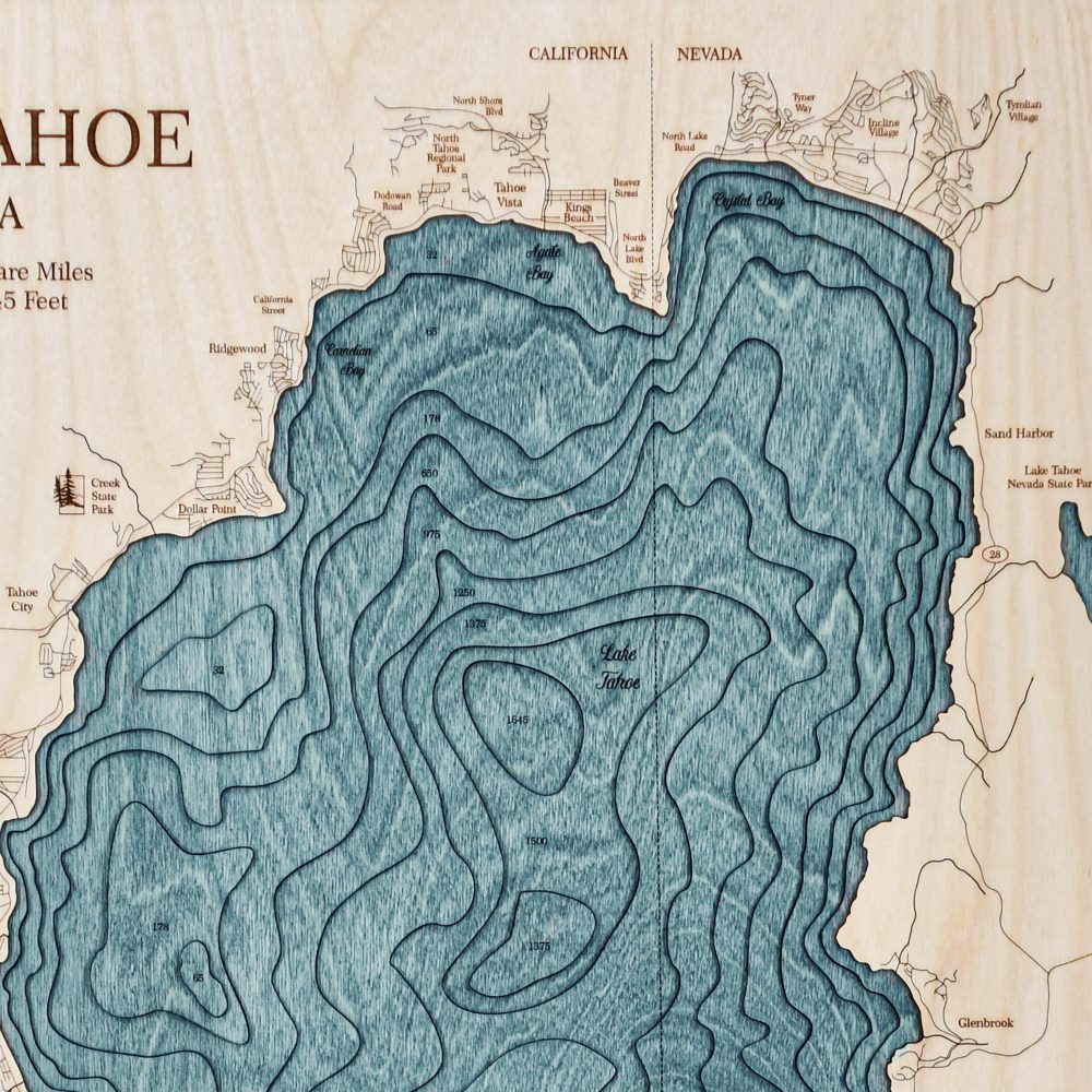 Lake Tahoe Nautical Map Wall Art Oak Accent with Blue Green Water Detail Shot 2