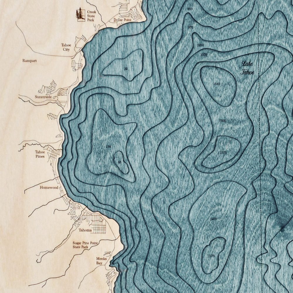 Lake Tahoe Nautical Map Wall Art Oak Accent with Blue Green Water Detail Shot 3