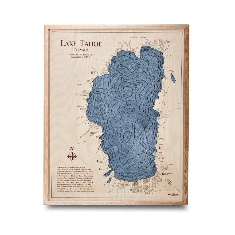 Lake Tahoe Nautical Map Wall Art Oak Accent with Deep Blue Water