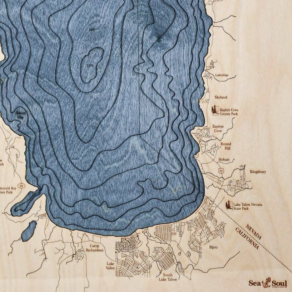 Lake Tahoe Nautical Map Wall Art Oak Accent with Deep Blue Water Detail Shot 1
