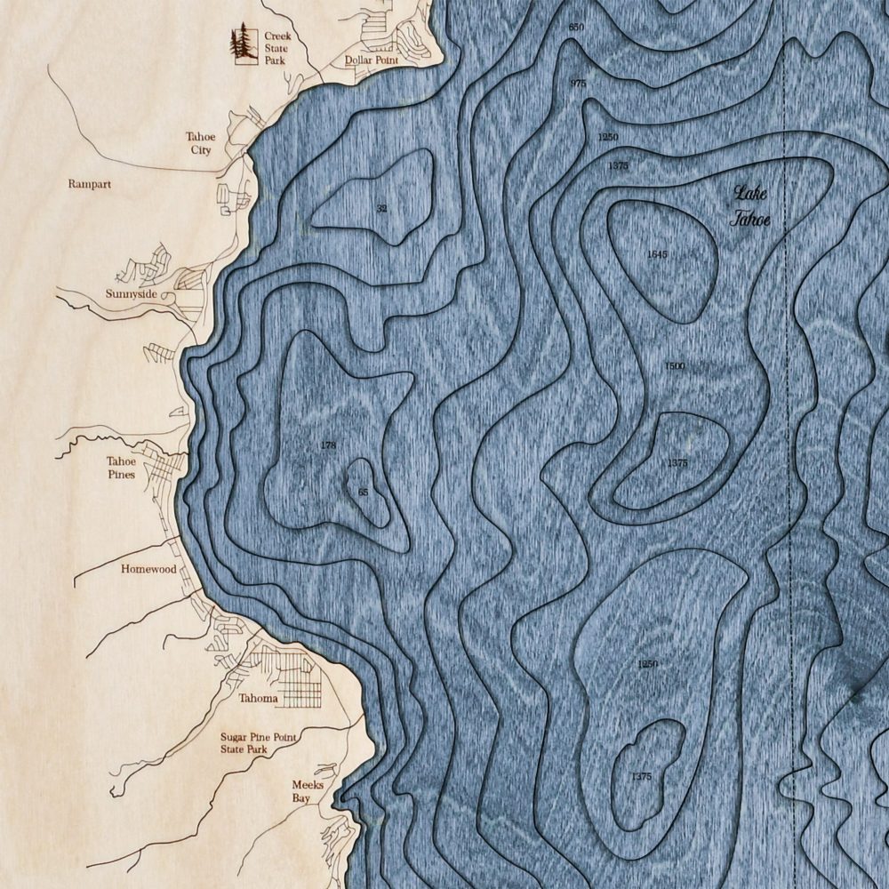 Lake Tahoe Nautical Map Wall Art Oak Accent with Deep Blue Water Detail Shot 3