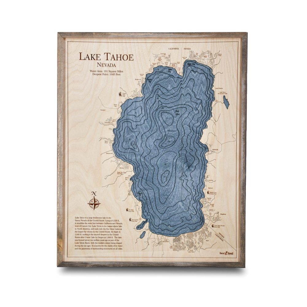 Lake Tahoe Nautical Map Wall Art Rustic Pine Accent with Deep Blue Water