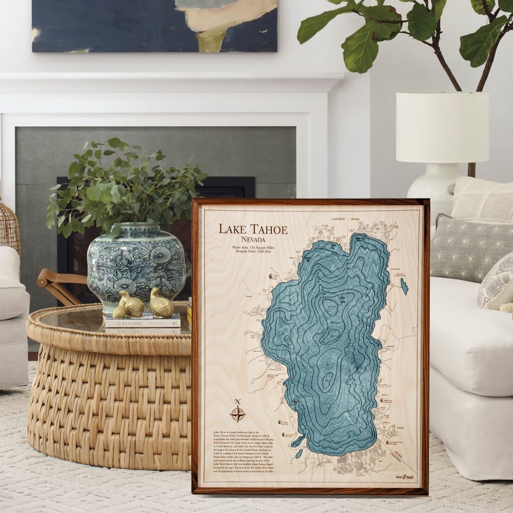 Lake Tahoe Nautical Map Wall Art Walnut Accent with Blue Green Water Sitting in Living Room by Couch and Coffee Table