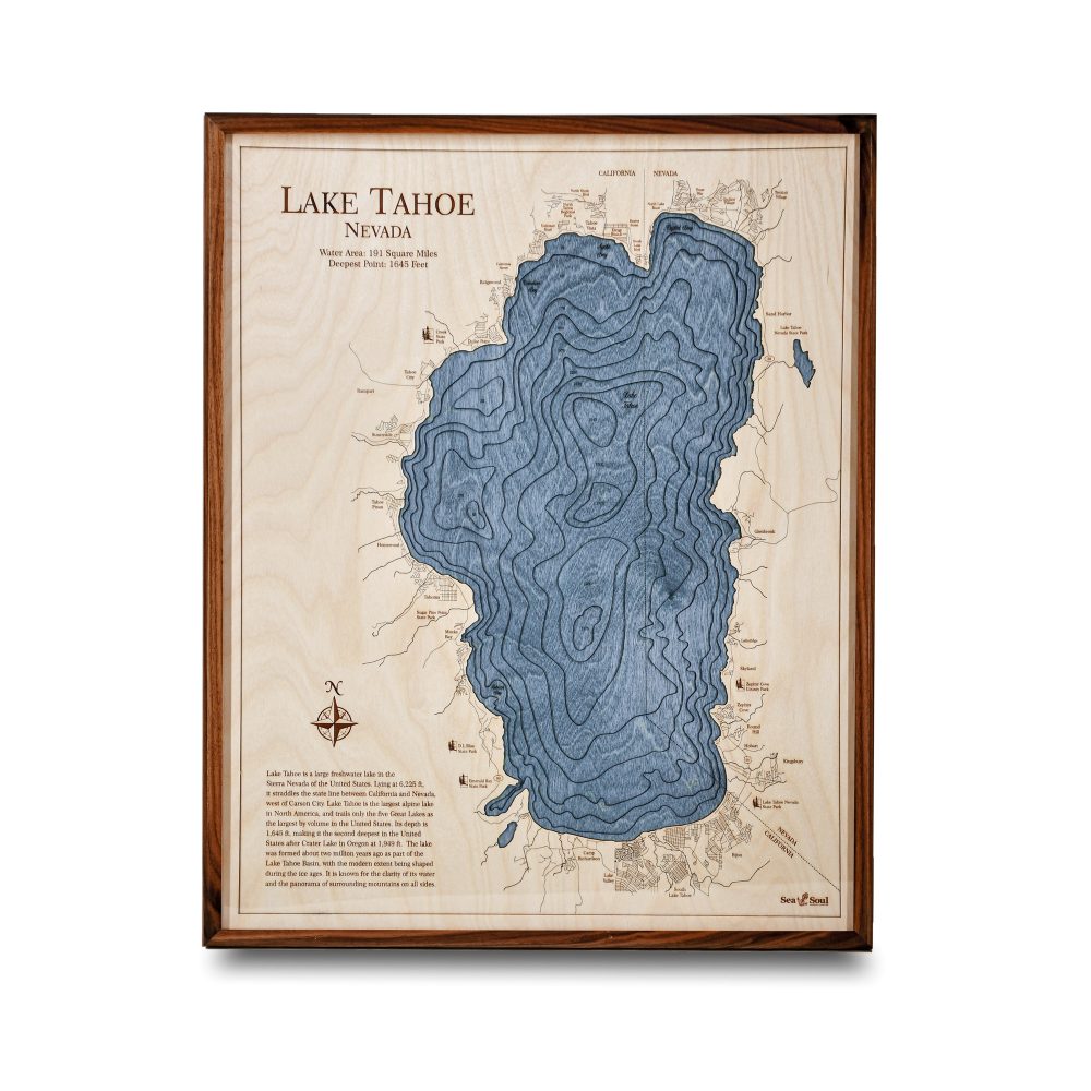 Lake Tahoe Nautical Map Wall Art Walnut Accent with Deep Blue Water