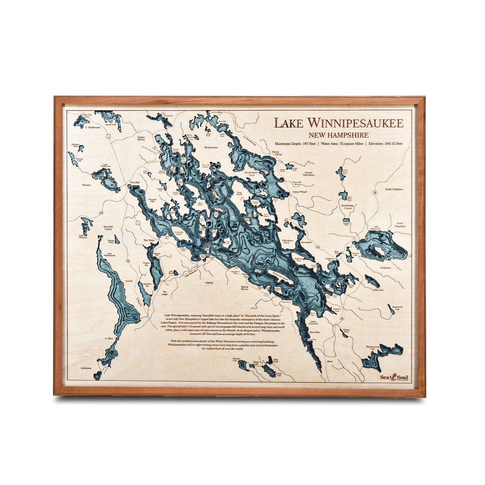 Lake Winnipesaukee Nautical Map Wall Art Cherry Accent with Blue Green Water