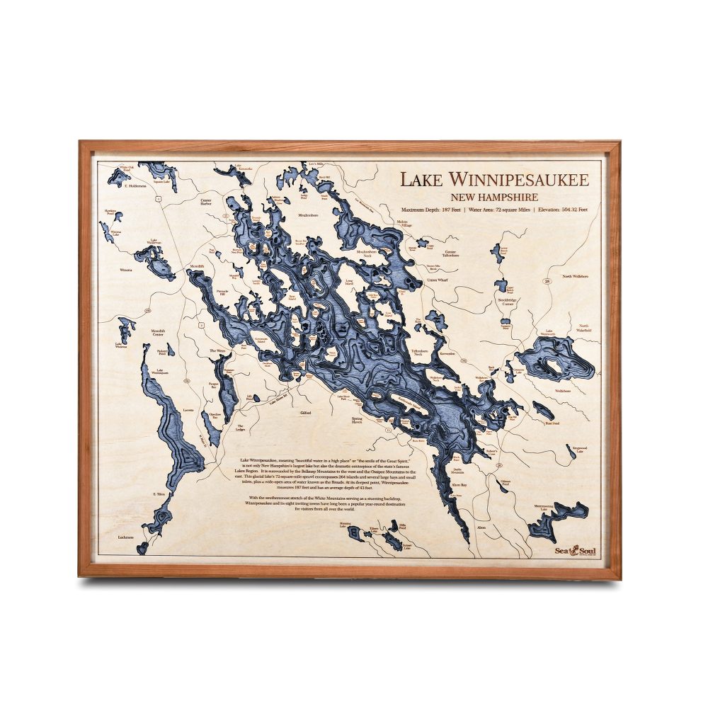 Lake Winnipesaukee Nautical Map Wall Art Cherry Accent with Deep Blue Water
