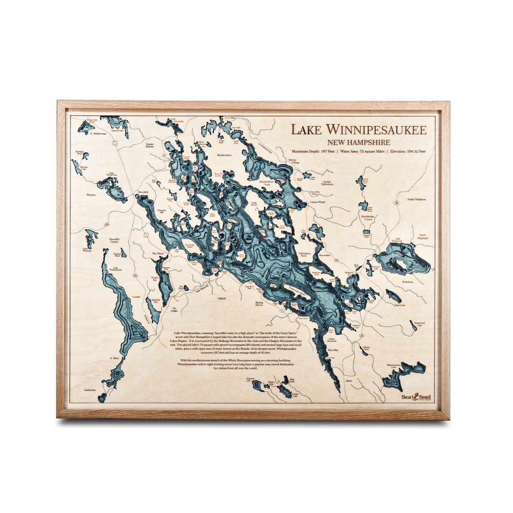 Lake Winnipesaukee Nautical Map Wall Art Oak Accent with Blue Green Water